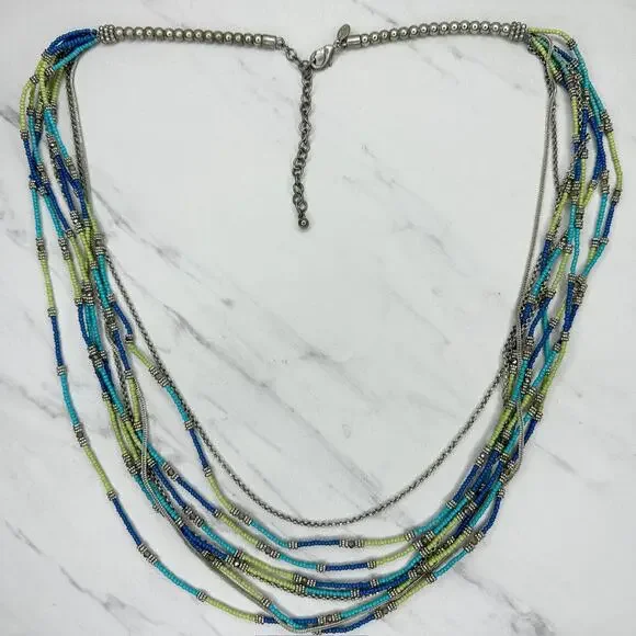 Chico's Multi Strand Seed Bead Necklace Blue Green Silver Tone Long ✨ - Picture 2 of 9